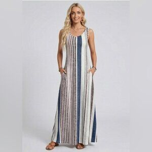 Boho Striped Round Neck Sleeveless Dress With Pockets Blue